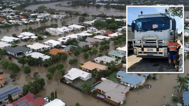 Glen Hardy with his council truck (inset) and an example of the flood waters he faced in Townsville last year.