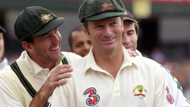 Steve Waugh and Ricky Ponting jokes after Waugh’s last Test in 2004.