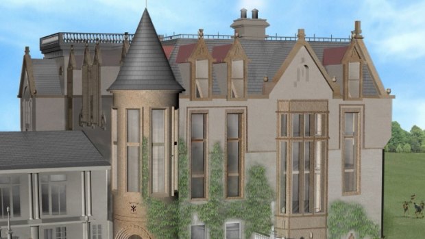 The plans include turrets, castellations, a rooftop terrace and sandstone features. 