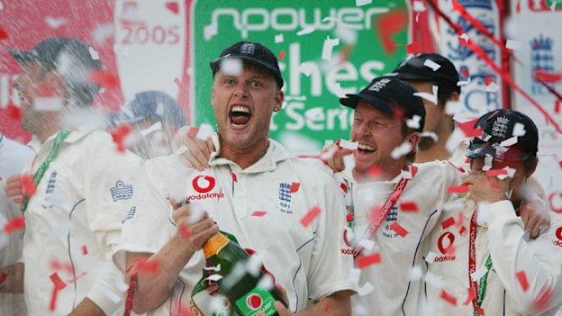 Andrew Flintoff celebrates winning the 2005 Ashes series with England teammates.
