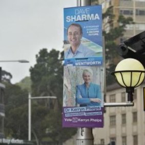Dave Sharma and Kerryn Phelps corflutes during a previous election.