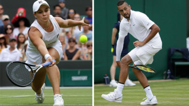 Split screen: Channel 7 chose to air Nick Kyrgios' match (right) over newly-crowned world No. 1 Ash Barty (left).