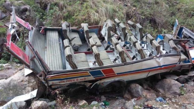 The remains of the  bus that crashed into a gorge in Uttarakhand, northern India, killing at least 40 people.