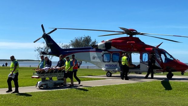 The shark attack victim was flown to Townsville Hospital in an emergency services helicopter. 