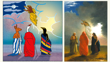 Mixed fortunes: Four of the AFL's cellar dwellers in 2020 (illustration: Jim Pavlidis), and Three Witches (scene from Macbeth) by William Rimmer.