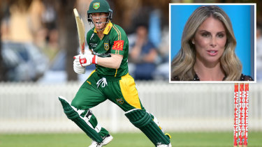 David Warner playing for Randwick Petersham and his wife Candice Warner claiming on  Channel Nine's Sports Sunday program (inset) that he left the field during a grade game because of "very hurtful" comments directed at her husband.