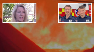 Flames surround the fire truck. Cheryl Outred (inset left) feared for the life of her son, Rhys Outred (right, inset right), while Kayle Barton (left, inset right) radioed for help.