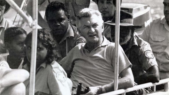 Bob Hawke with Kakadu National Park rangers in 1986.