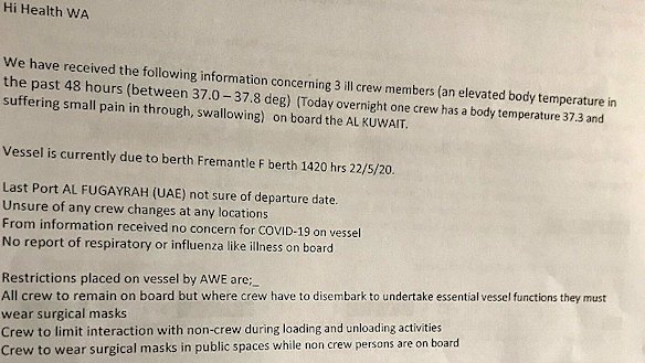 The email sent to WA Health on Friday states there were three ill crew members on board the Al Kuwait.