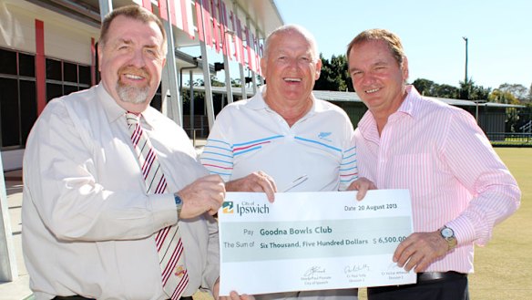Cr Paul Tully, Goodna Bowls Club president Mal Levarre-Waters and now jailed Ipswich former mayor Paul Pisasale.