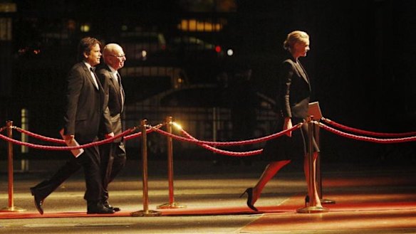 Rupert, Lachlan and Sarah Murdoch arrive for the party to celebrate The Australian’s 50th anniversary in 2014.