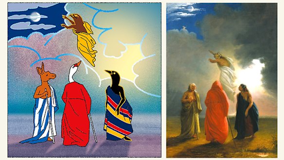 Mixed fortunes: Four of the AFL's cellar dwellers in 2020 (illustration: Jim Pavlidis), and Three Witches (scene from Macbeth) by William Rimmer.