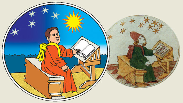 Heliocentric: Gold Coast coach Stuart Dew (illustration: Jim Pavlidis), and Polish Renaissance-era astronomer Nicolaus Copernicus.
