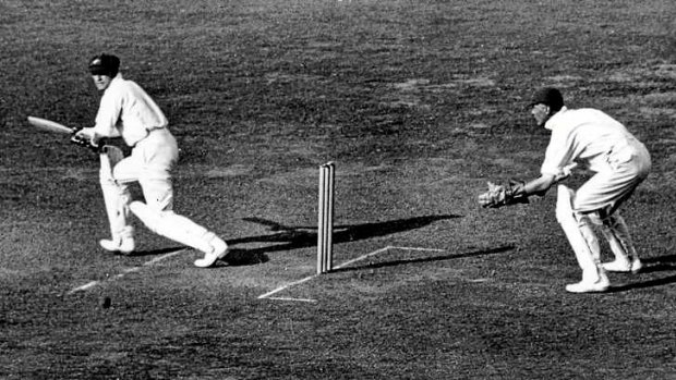 Don Bradman at the crease during a Test match in England in 1934.