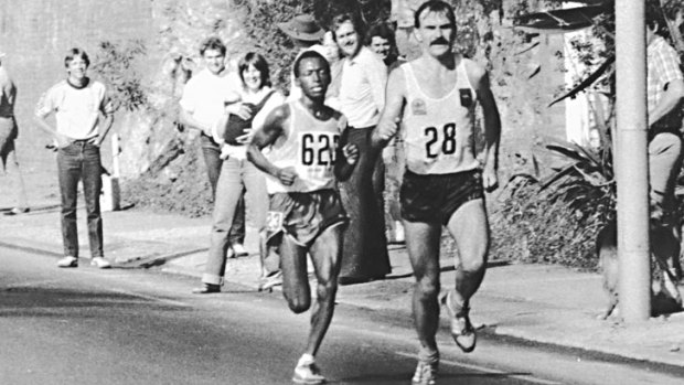 Legend: De Castella  on the way to victory in the men's marathon at the 1982 Brisbane Commonwealth Games.