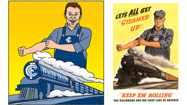 All aboard: David Teague is at the helm as the Blues train gathers steam (illustration: Jim Pavlidis), and original WWII poster.