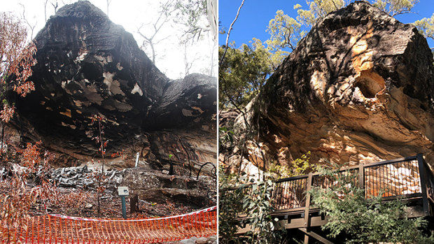 Baloon Cave, before and after the 2018 explosion that destroyed ancient Aboriginal rock art.