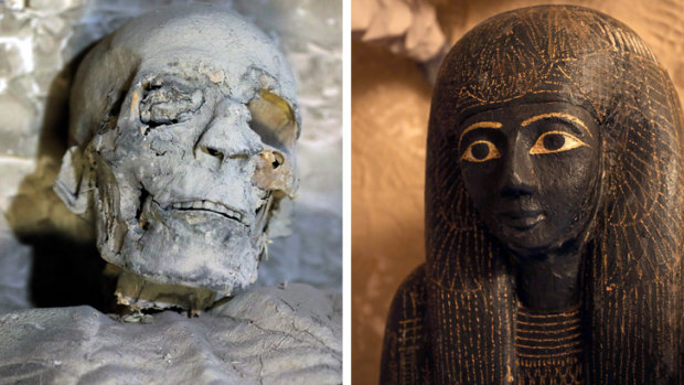 A mummy and a sarcophagus inside the newly discovered tomb at El-Asasef Necropolis, in Luxor.