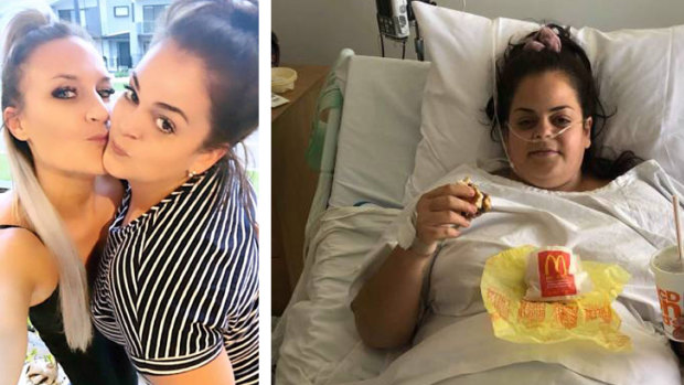 Best friends: Lauren Peterson, left, is helping Sarah McClure, right, on the long road to recovery since her freak accident in Bathurst on May 8; Ms McClure eating her first meal in hospital. 