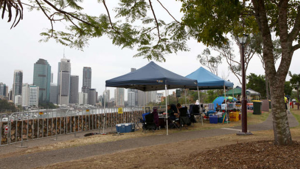 People set up early at Kangaroo Point to nab the best spots to watch Riverfire.