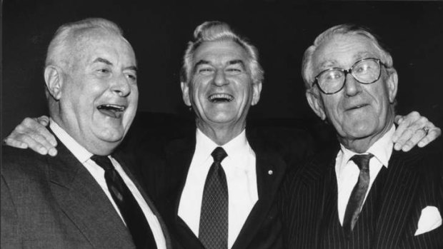 Former prime ministers Gough Whitlam, Bob Hawke and Malcolm Fraser in 1992.