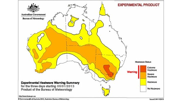 Pilot view of how the Bureau of Meteorology's heatwave index would have looked for January 5-7 2013.