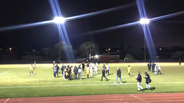 A violent brawl erupted at a soccer match on Friday night in Noble Park. Pictures: Cr Tim Dark