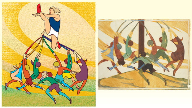 Putting the boot in: illustration by Jim Pavlidis (left), and The Giant Stride original by Ethel Spowers.