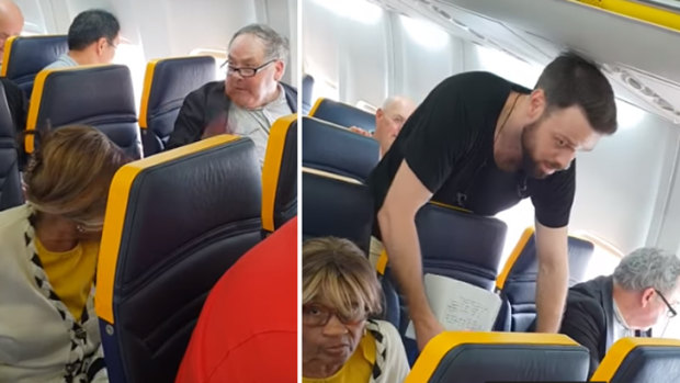 A man yells racist insults at a woman sitting in the same row on a Ryanair flight, while a fellow passenger tries to intervene.
