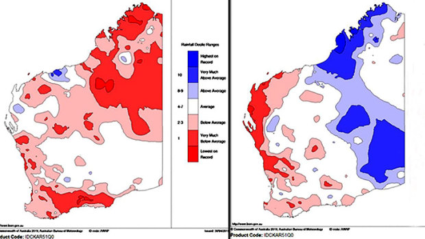 Rainfall in WA for the 12 months to April 2018 compared to the 12 months to April 2019.