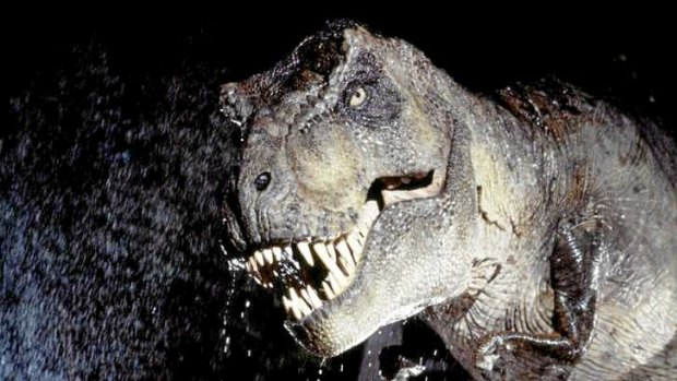 A raging Tyrannosaurus rex, as depicted in the 1993 movie Jurassic Park.