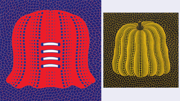 Devil is in the detail: pattern of behaviour from the Demons (illustration: Jim Pavlidis) and Yayoi Kusama's Pumpkin original.