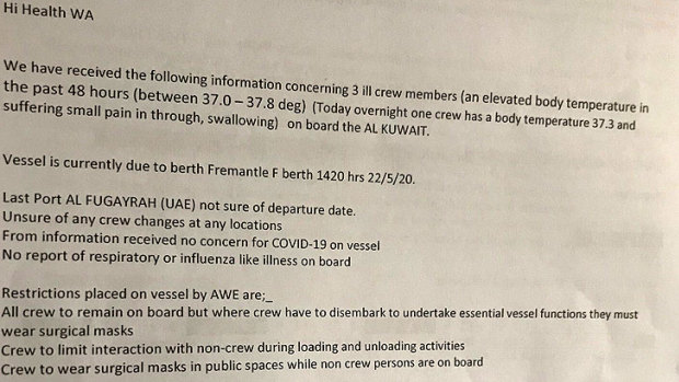 The email sent to WA Health on Friday states there were three ill crew members on board the Al Kuwait.