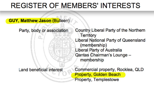 The official Register of Members' Interests shows that Matthew Guy owns a property at Golden Beach.