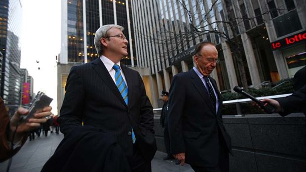 Then opposition leader Kevin Rudd pictured leaving the News Corporation building with Rupert Murdoch after a meeting in April, 2007, in New York. He visited again after being elected prime minister.