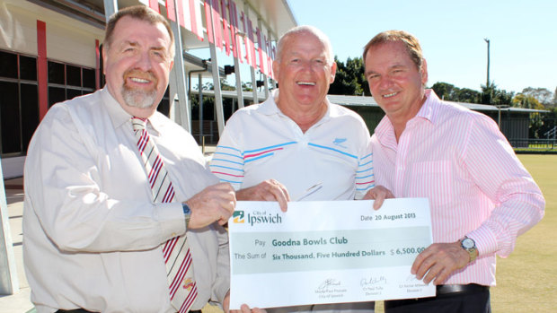 Cr Paul Tully, Goodna Bowls Club president Mal Levarre-Waters and now jailed Ipswich former mayor Paul Pisasale.