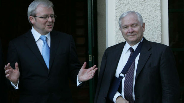 Former US secretary of defence Robert Gates with former prime minister Kevin Rudd in 2008.