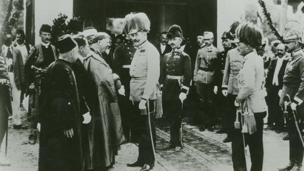 Archduke Franz Ferdinand greets dignitaries in Sarajevo on June 28, 1914, shortly before his assassination by Gavrilo Princip.
