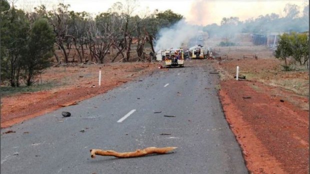 The scene of the truck explosion on the Mitchell Highway, near Charleville.