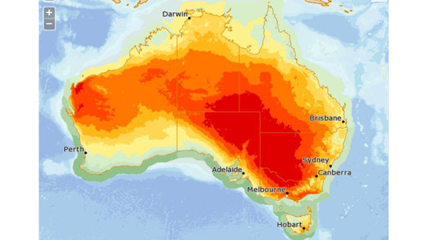 The daily maximum forecast temperatures for Friday show the extent of the heatwave across the south-east Australia.