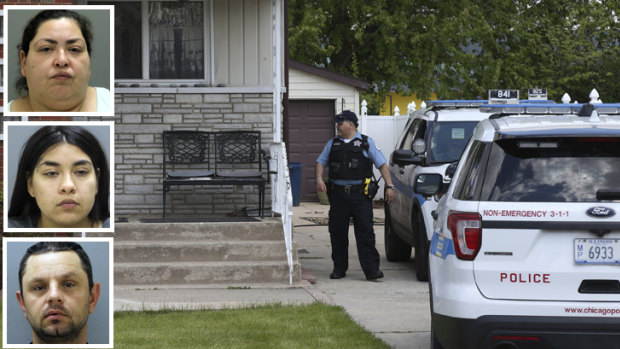 Police watch over a house in Chicago where Marlen Ochoa-Uriostegui's body was found. Insets from top: Clarisa Figueroa, her daughter Desiree Figueroa and her boyfriend Piotr Bobak, who have all been charged.