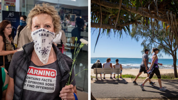 Protest at Melbourne's Chadstone Shopping Centre (left) and beach life at Moolooaba during COVID restrictions.
