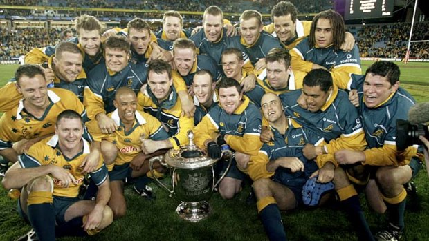 Twelve years ago: the Wallabies pose with the Bledisloe Cup in Sydney in August 2002.