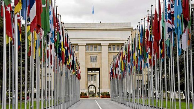 Flags of the world fly at the United Nations offices in Geneva, Switzerland.