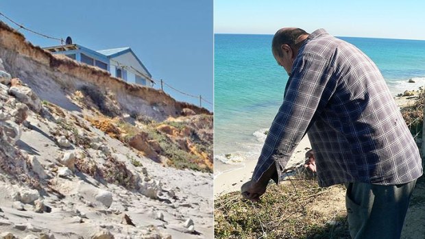 Erosion at Seabird (left); a resident surveys the damage from above.