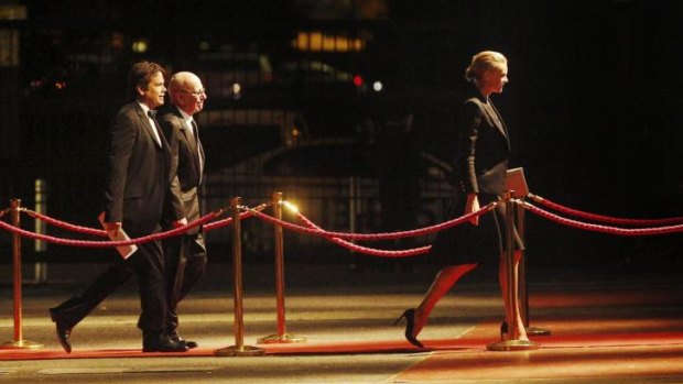 Rupert, Lachlan and Sarah Murdoch arrive for the party to celebrate The Australian’s 50th anniversary in 2014.