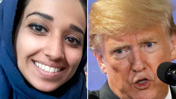 President Donald Trump (right) said an Alabama woman who joined Islamic State, Hoda Muthana (left), could not return to the US.