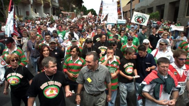 People power: More than 50,000 people marched from the South Sydney Leagues Club to the Town Hall to protest against the Rabbitohs exclusion from the NRL competition in 2000.