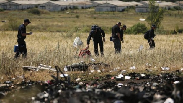 AFP officers search the MH17 crash site. 