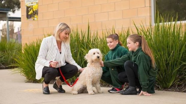 Kangaroo Flat Primary School principal Kim Saddlier and students with the school dog Bonnie.
